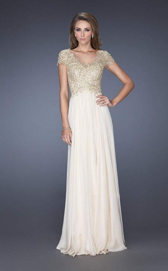 La Femme - 19213 Cap Sleeve Shimmering Lace Evening Gown In Neutral