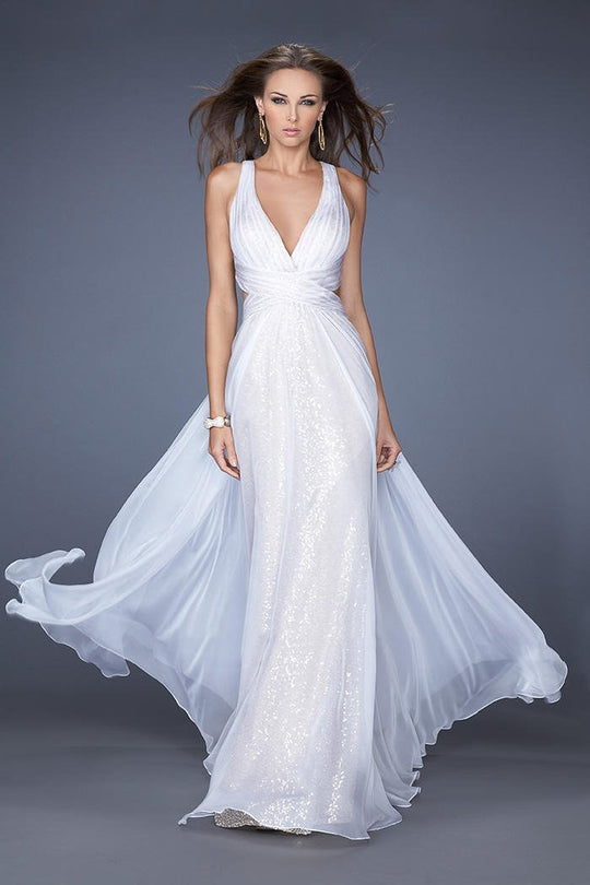 La Femme - 19255 Sleeveless V Neck Criss Cross Evening Gown In White