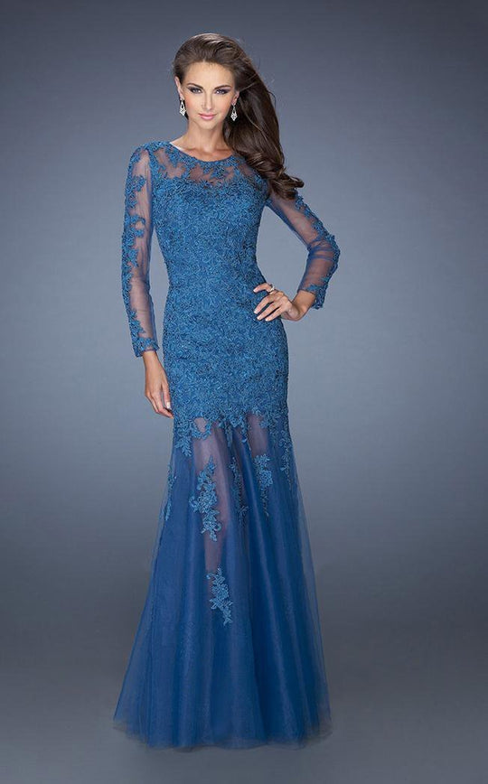 La Femme - 19343 Long Sleeve Lace Evening Dress In Blue
