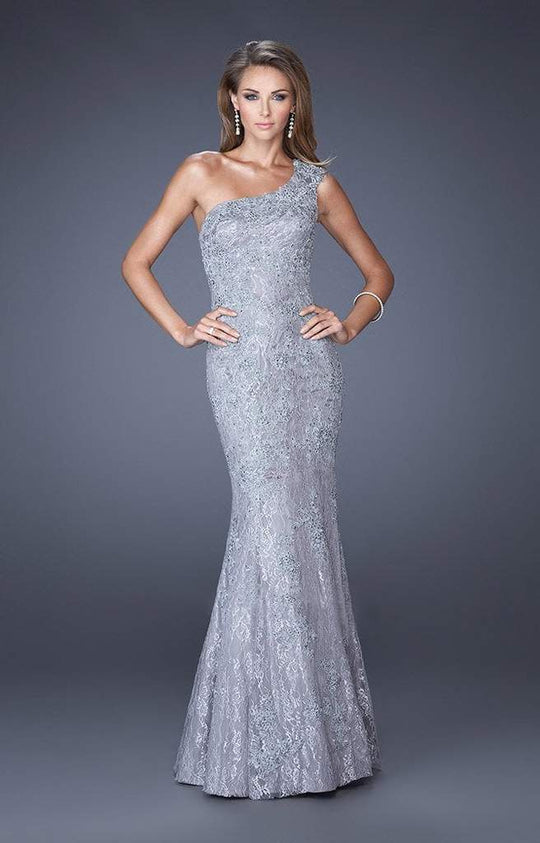 La Femme - 19604 Asymmetrical Cap Sleeve Jeweled Lace Mermaid Gown in Silver