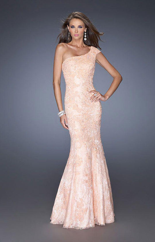 La Femme - 19604 Asymmetrical Cap Sleeve Lace Gown In Orange