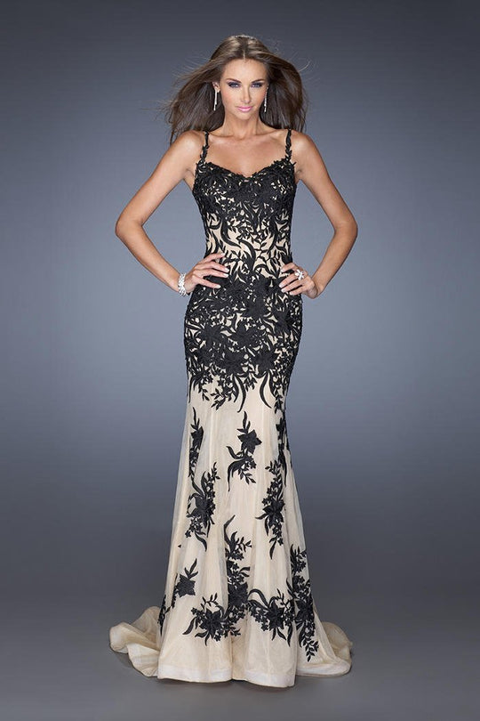 La Femme - 19835 Floral Lace V Neck Mermaid Gown In Black and Neutral