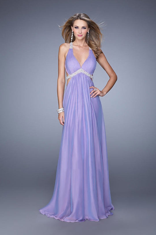 La Femme - 20941 Beaded Halter Plunging Ruched A-Line Gown In Purple