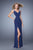 La Femme - 21301 Ruched V Neck Long Dress with Slit In Blue