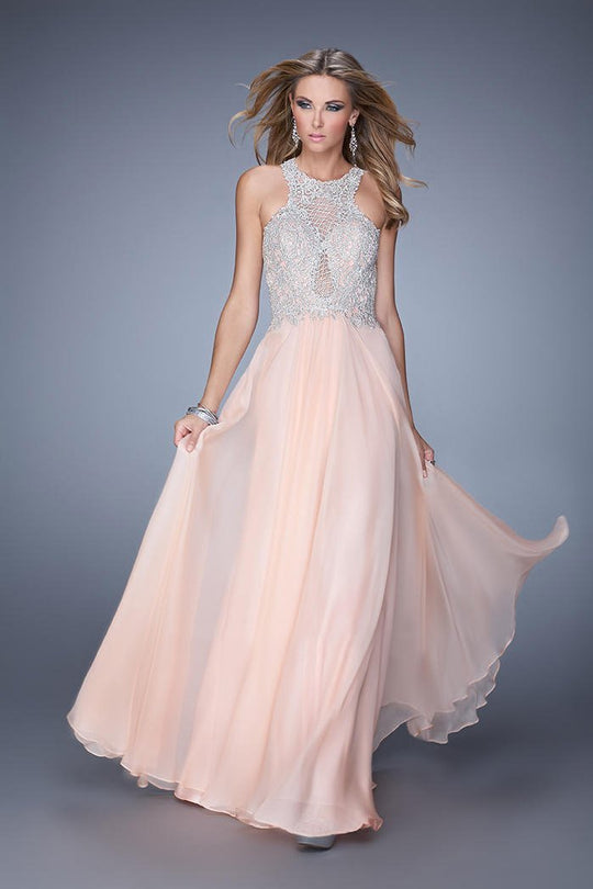 La Femme - 21349 Metallic and Rhinestone Embellished Halter Gown In Orange