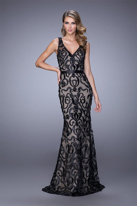 La Femme - 21491 V-Neck Baroque Lace Evening Gown In Black and Neutral