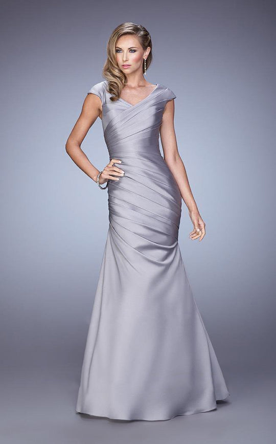 La Femme - 21610 Cap Sleeve Satin Trumpet Gown In Silver