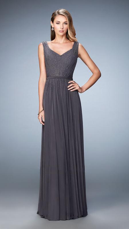 La Femme - Beaded V-Neck Sleeveless Evening Gown in Gray