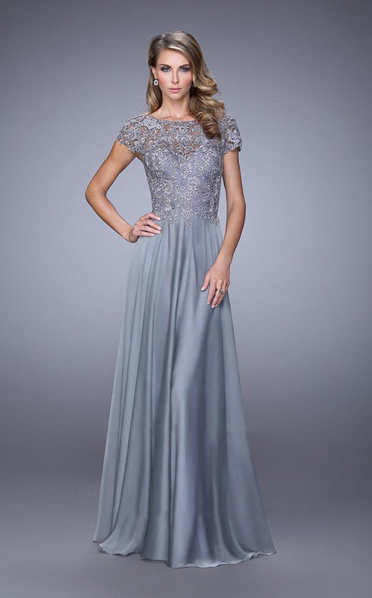 La Femme - 21627 Illusion Lace Chiffon Gown In Silver