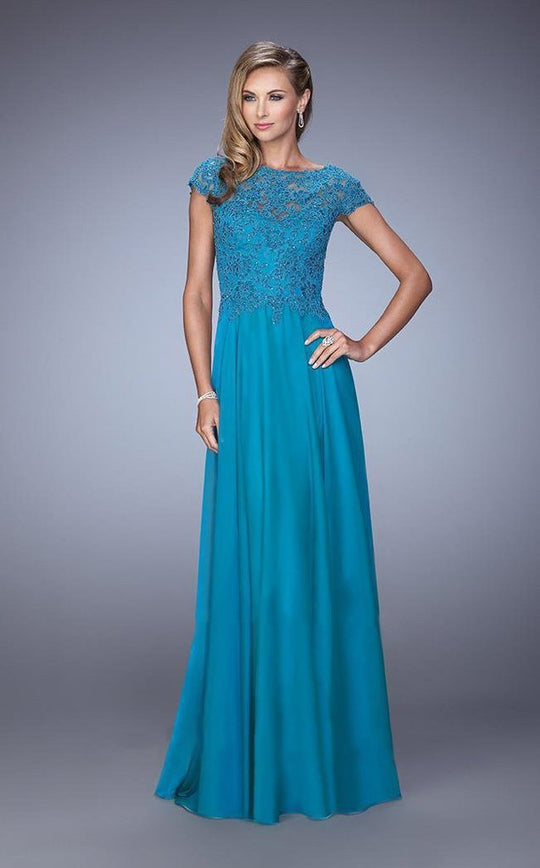 La Femme - Cap Sleeves Lace Illusion Evening Dress 21627 - 1 pc Teal in Size 14 Available