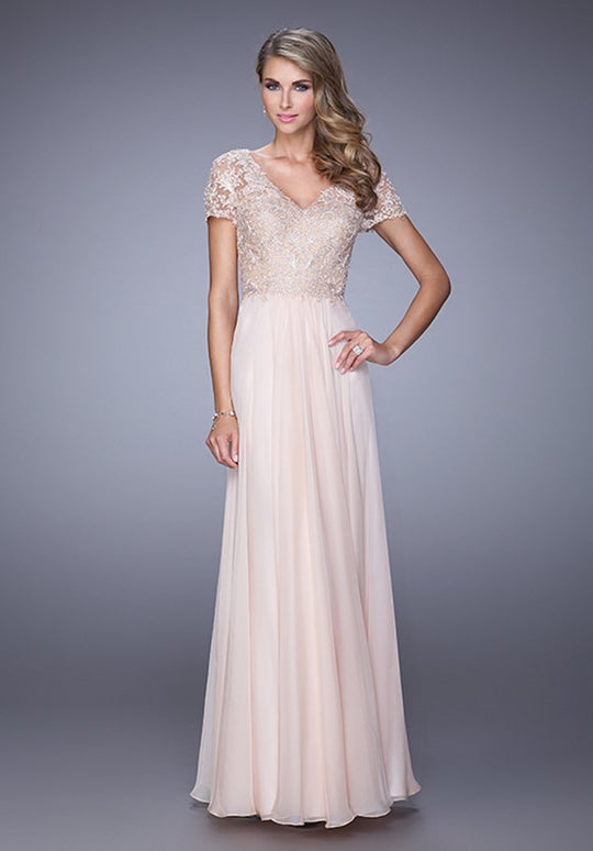 La Femme - 21632 Short Sleeved Lace Evening Gown In Neutral