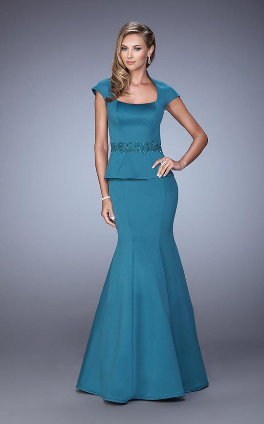 La Femme - 21666 Cap Sleeve Structured Collar Mermaid Dress in Blue and Green