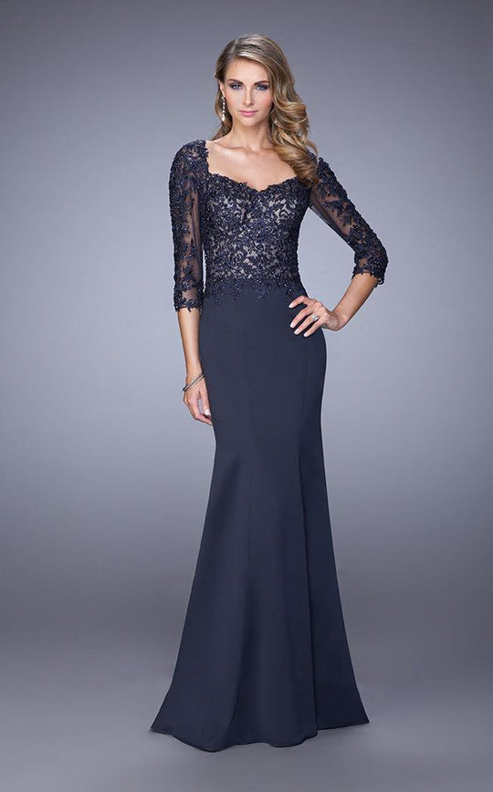 La Femme - 21673 Quarter Sleeve Appliqued Gown In Blue
