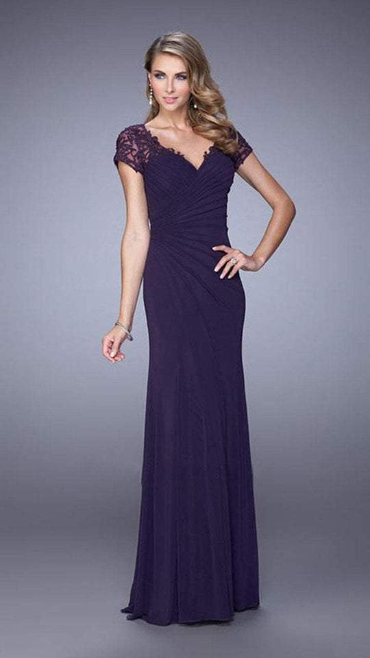 La Femme - Ruched Cap Sleeves V-Neck Gown in Purple