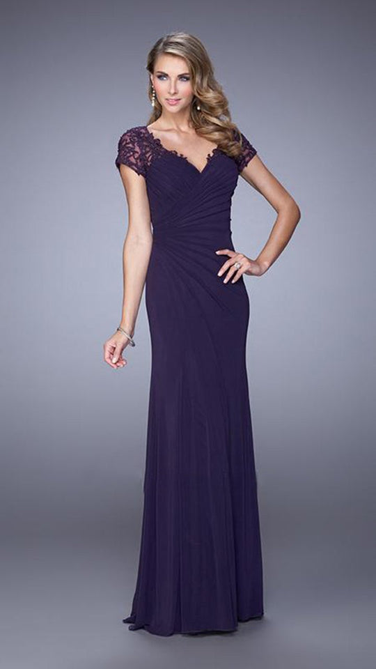 La Femme - 21690 Ruched V-Neck Sheath Dress In Purple