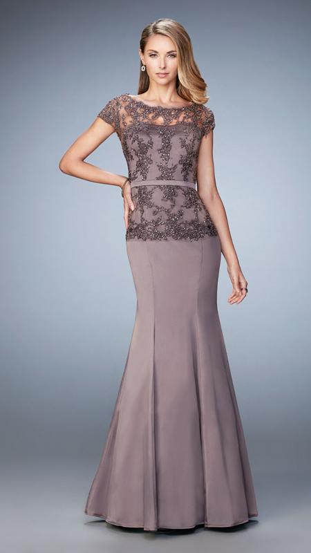 La Femme - 21706 Illusion Lace Applique Trumpet Gown In Brown