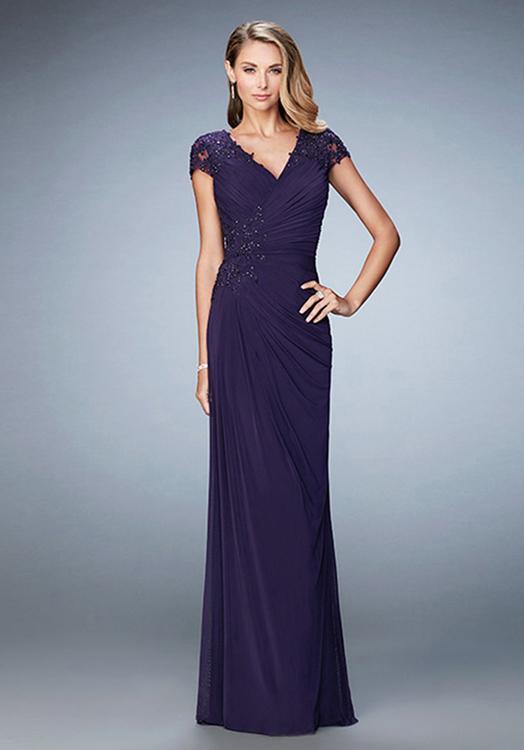 La Femme - Ruched Cap Sleeves Beaded Evening Dress in Purple