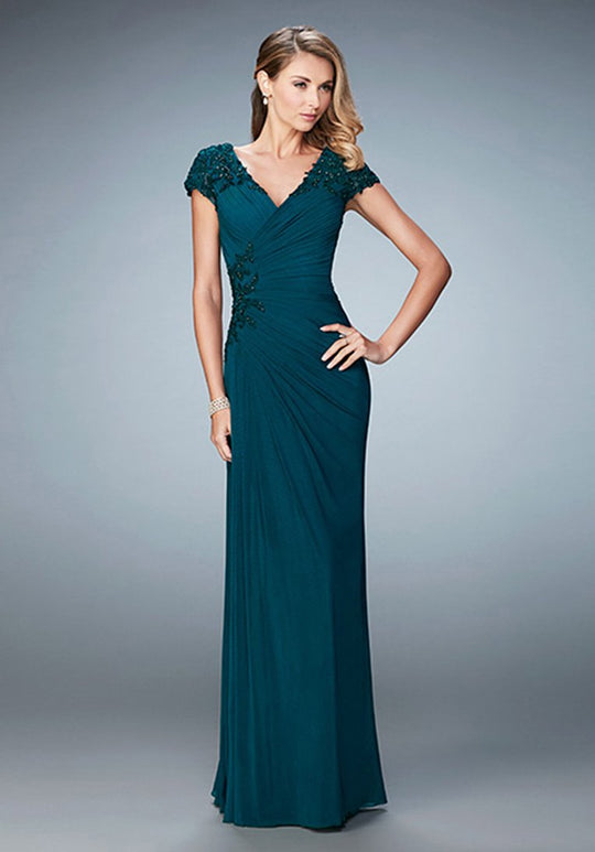 La Femme - 21860 Ruched V-Neck Beaded Evening Gown In Green