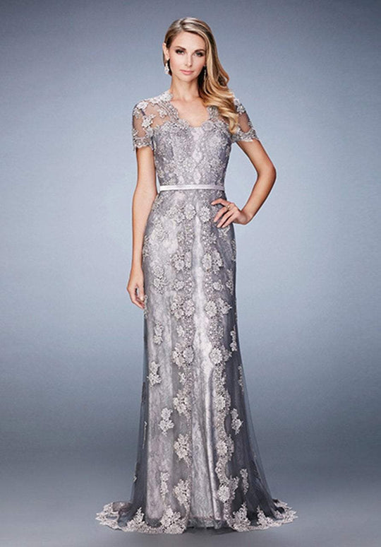 La Femme - Embroidered Sheer Lace Evening Dress in Silver and Pink
