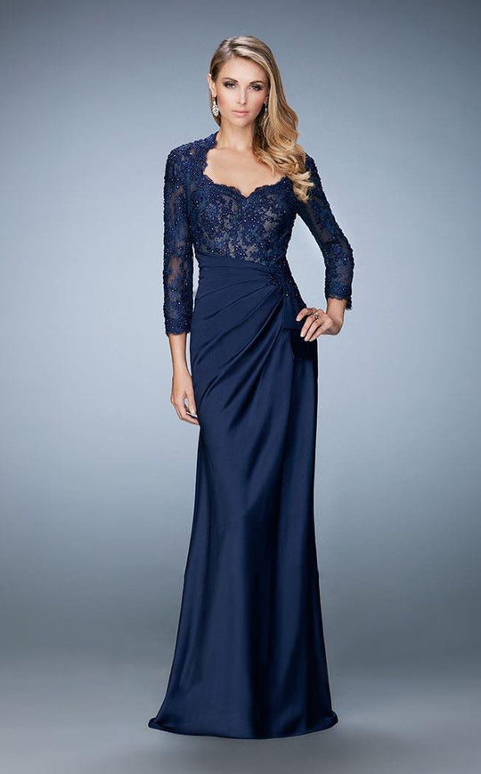 La Femme - Embroidered Lace Ruched Evening Dress in Blue