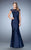 La Femme - Beaded Lace Cap Sleeve Pleated Satin Gown 21961 in Blue