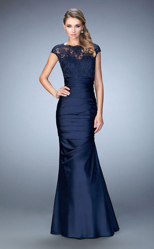 La Femme - 21961 Lace Sparkling Pleated Satin Gown  In Blue