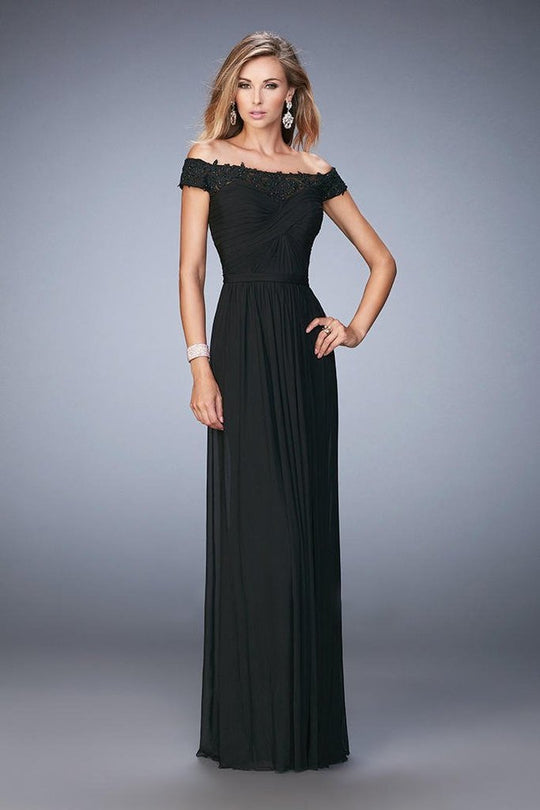 La Femme Ruched Off Shoulder Criss Cross Evening Gown 21979 - 1 pc Black In Size 2 Available