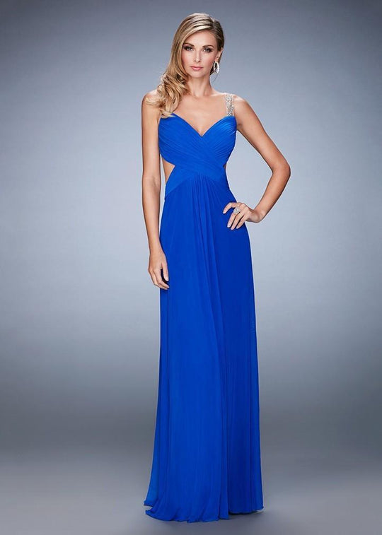 La Femme - Ruched V-neck Column Dress 22304 in Blue