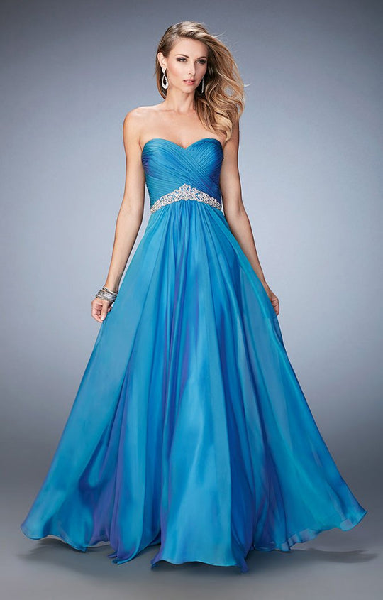 La Femme  - 22382 Interwoaven Sweetheart Chiffon Gown In Blue