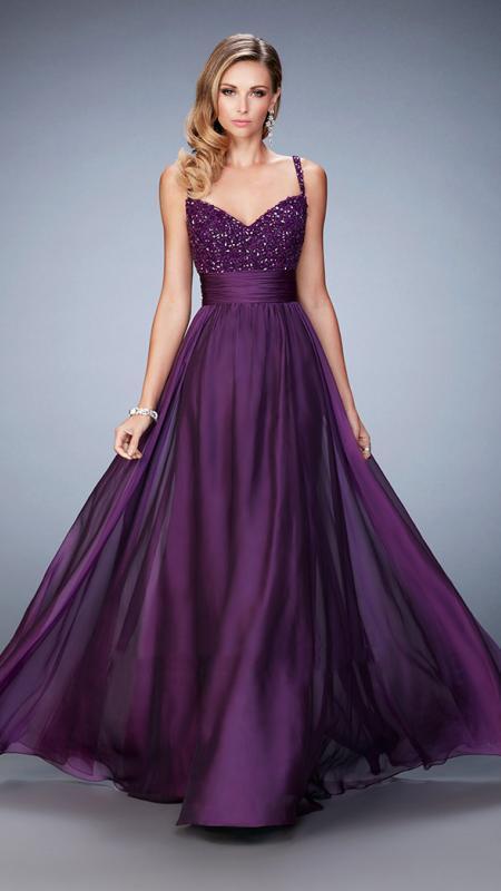 La Femme Beaded Fitted Empire A-Line Gown in Purple
