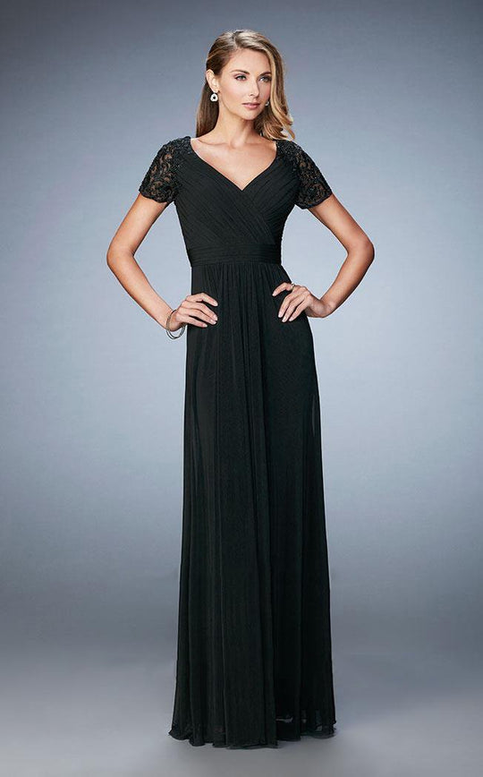 La Femme - 22474 Ruched Surplice A-Line Gown In Black