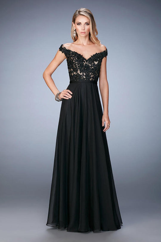 La Femme - 22737 Floral Lace V-neck A-line Dress In Black