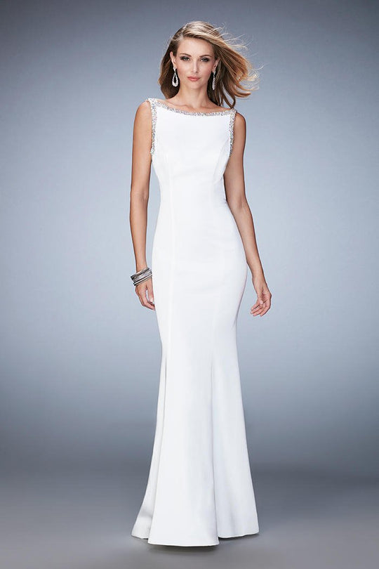 La Femme - 22761 Crystal Embellished Bateau Fitted Gown In White