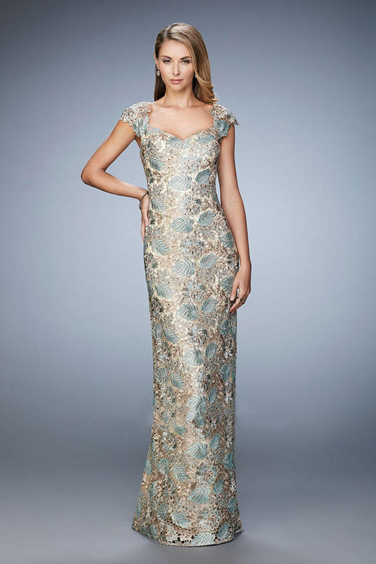 La Femme - 22984 Capsleeve Lace Brocade Evening Gown  In Gold and Blue