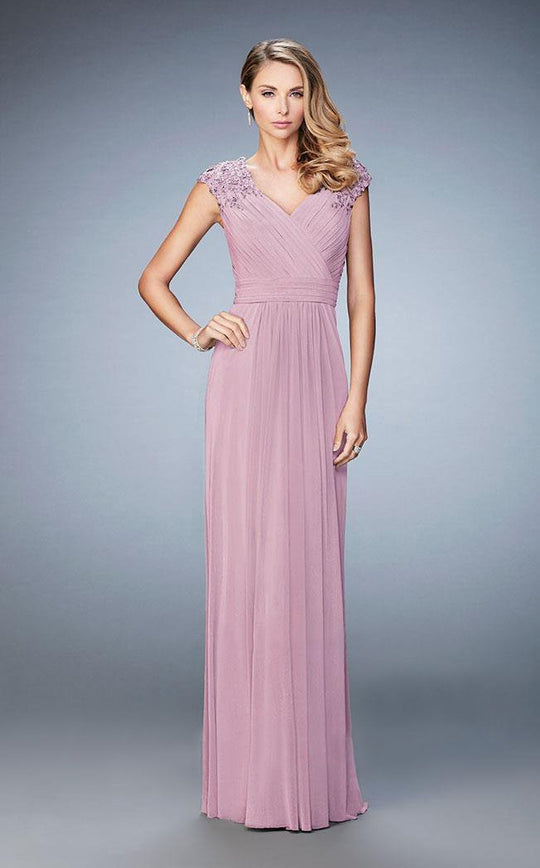 La Femme - Floral Laced Cap Sleeve Gown 23004 in Purple
