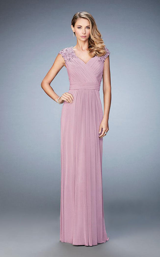 La Femme - 23004 Floral Laced Cap Sleeve Gown In Purple