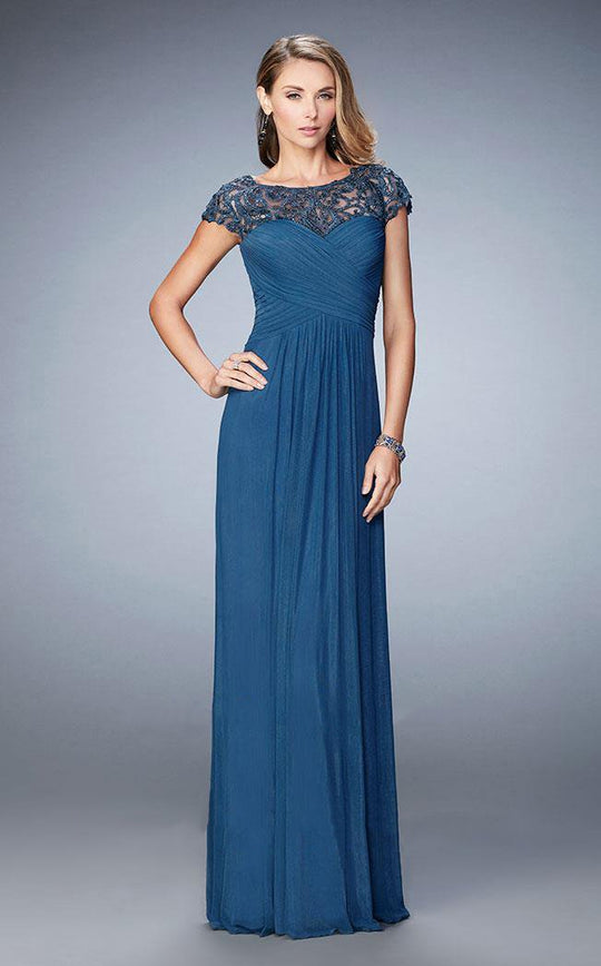 La Femme - 23077 Crisscrossed Bodice A-Line Gown In Blue