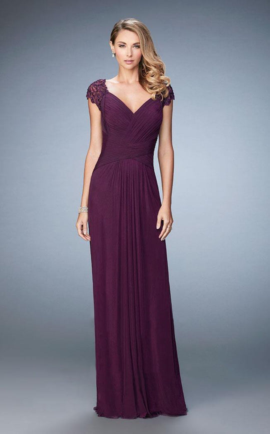 La Femme - Lace Cap Sleeve Weaved Gown 23084 in Purple