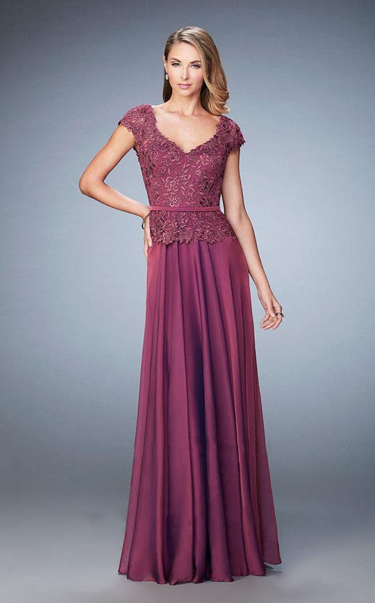 La Femme - Rosette Peplum Chiffon Gown 23085 in Red and Purple