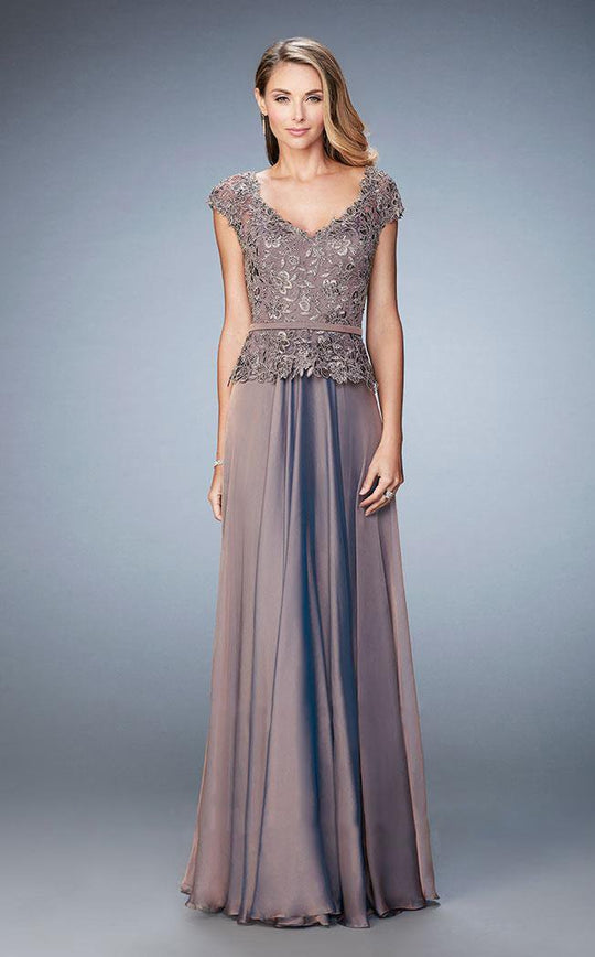 La Femme - 23085 Rosette Peplum Chiffon Gown In Brown