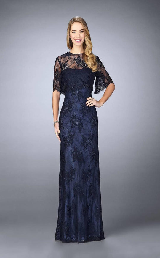 La Femme - 24856 Beaded Lace Gown with Capelet In Blue