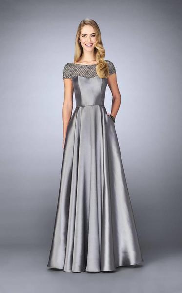 La Femme - Beaded Mikado Evening Gown 24883 In Silver