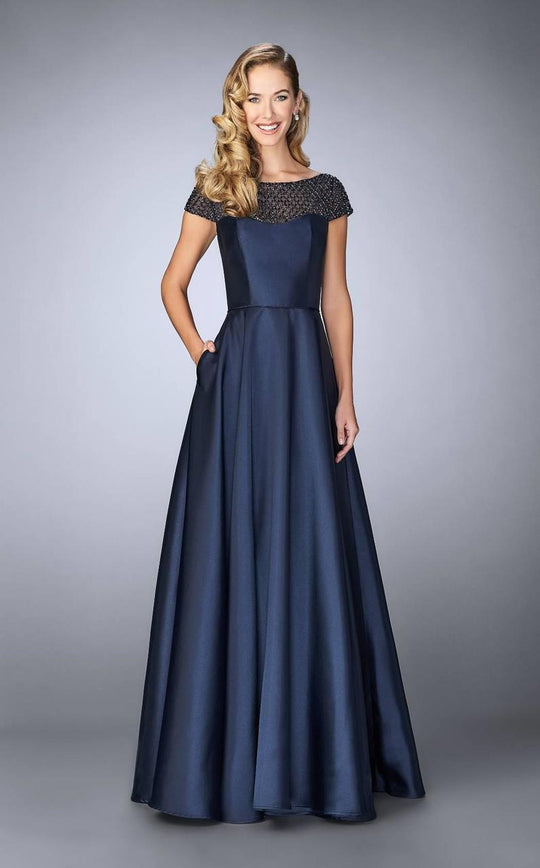 La Femme - 24883 Beaded Mikado Evening Gown In Blue
