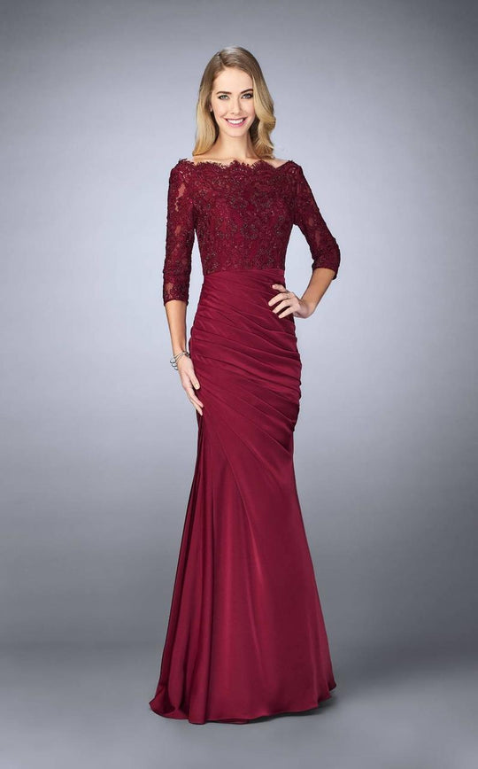 La Femme - 24926 Off-Shoulder Ruched Mermaid Gown In Red