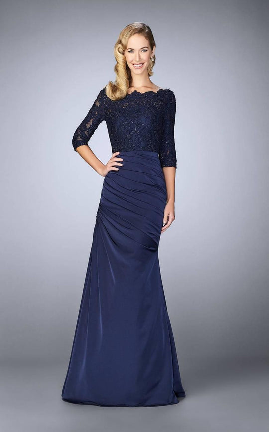 La Femme - Off-Shoulder Ruched Mermaid Gown 24926 in Blue