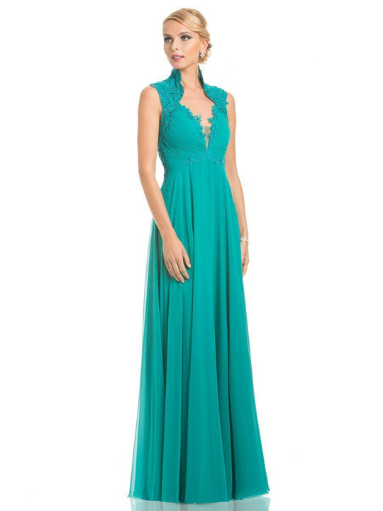 Lara Dresses - 32536 Ruched Plunging Queen Anne Gown In Green