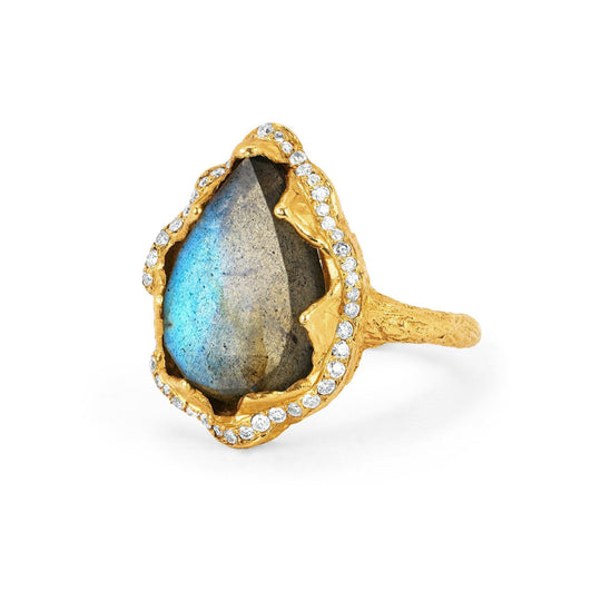 Logan Hollowell - NEW! Queen Labradorite Water Drop Ring with Full Pave Halo in Yellow Gold