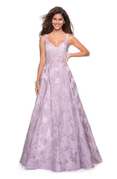La Femme - 27505 Sleeveless V-Neck Floral Illusion Lace Gown In Purple
