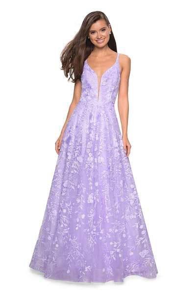 La Femme - 27759 Floral Embroidered Deep V-neck A-line Dress In Purple