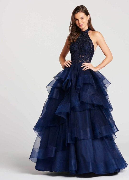 Ellie Wilde - EW118048 Illusion High Halter Tiered Tulle Ballgown In Blue